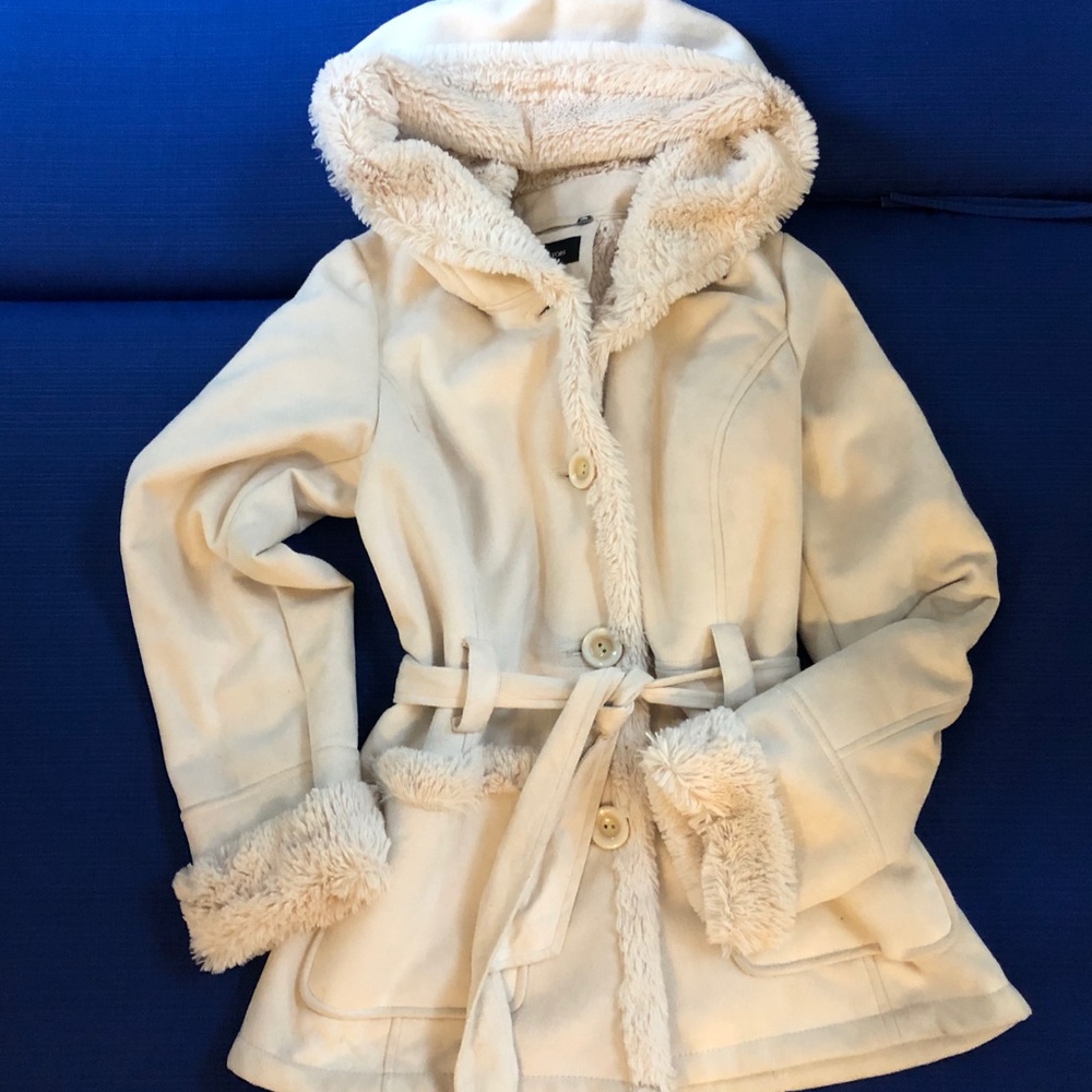 JONES NY cream faux suede/fur belted jacket size S